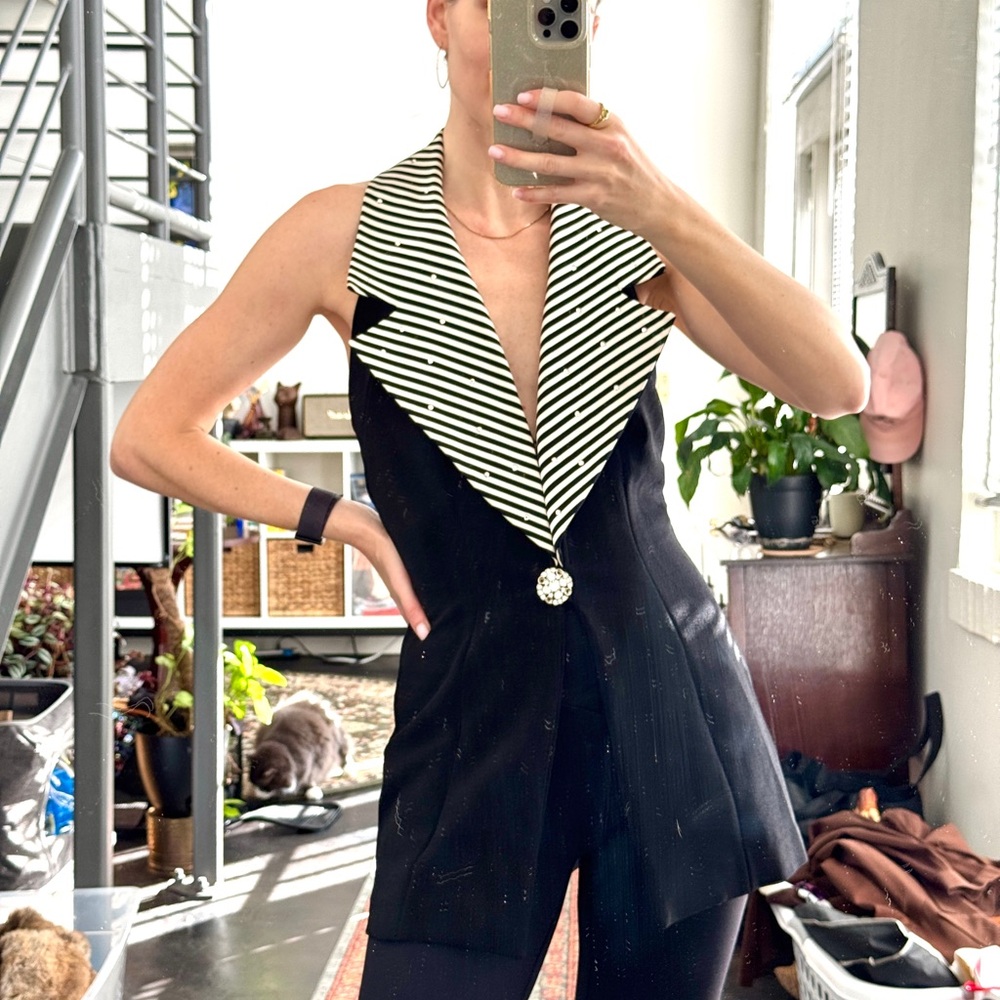 Vintage Lillie Rubin Black Halter Top with Striped Collar and crystals